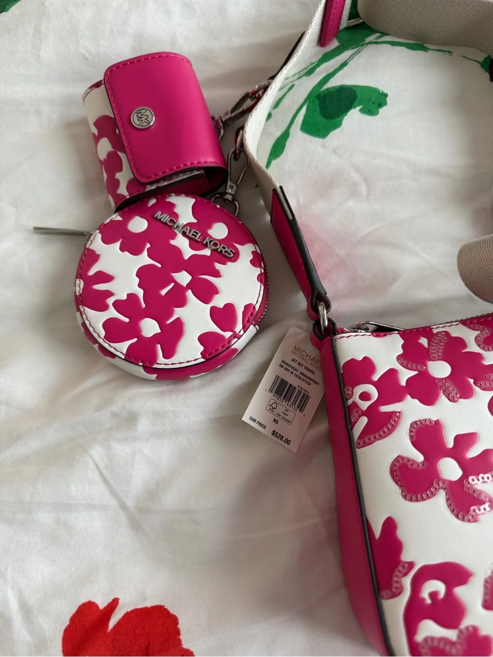 Michael Kors Dragonfruit Floral Print Crossbody Bag Coin Bag& Apple AirPods Case